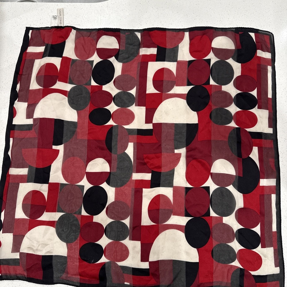 Vintage Casual Corner Geometric Print Red Black White 100% Silk Scarf 21X 20